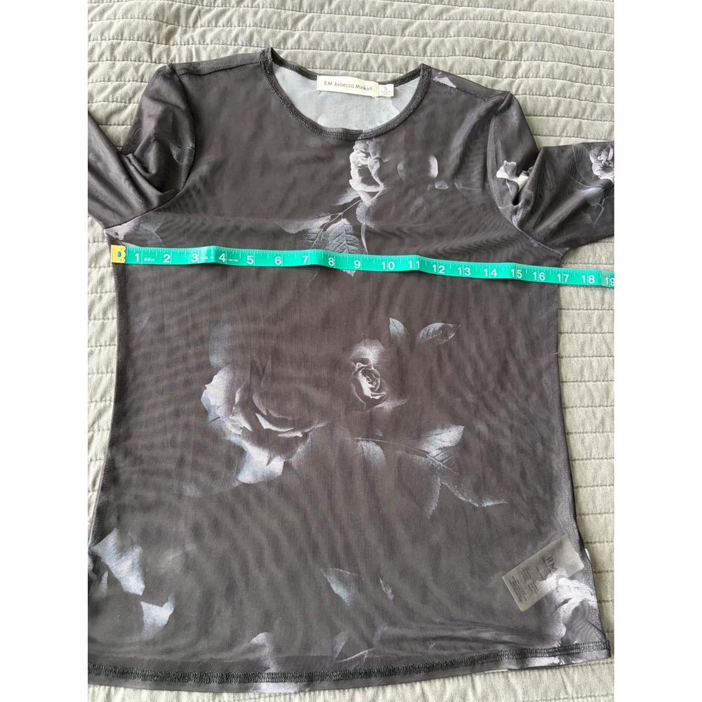 Rebecca Minkoff Grey Floral Mesh Long Sleeve Top Crew Neck Rose Print Small - Picture 6 of 7